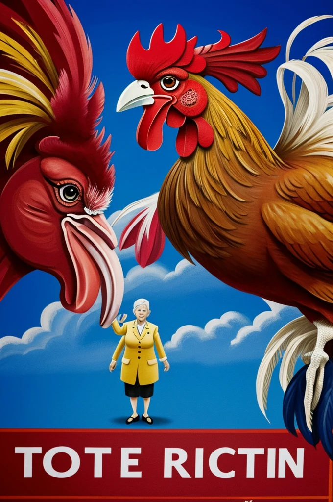 Painted rooster with sprouted eyes, skinny and ugly defeated by a giant woman in a presidential election on July 28