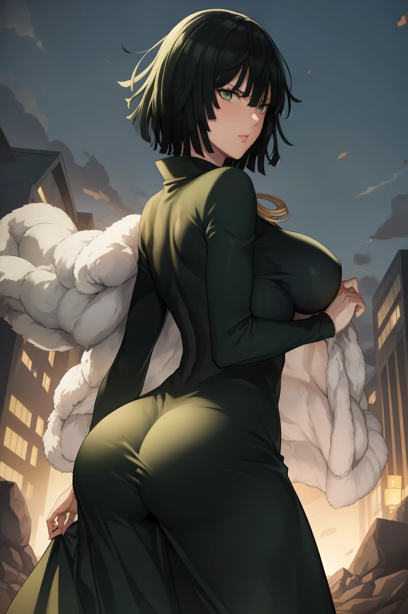 Anime art style, Fubuki from one punch man, green hair, white skin, wearing V-neck dress, standing on destroyed city, cinematic lights, blushing cheeks, smilling, looking back at viewers, grabbing her ass, big breast, big booty, NSFW, back view, beautiful scenery. Holding booty, booty