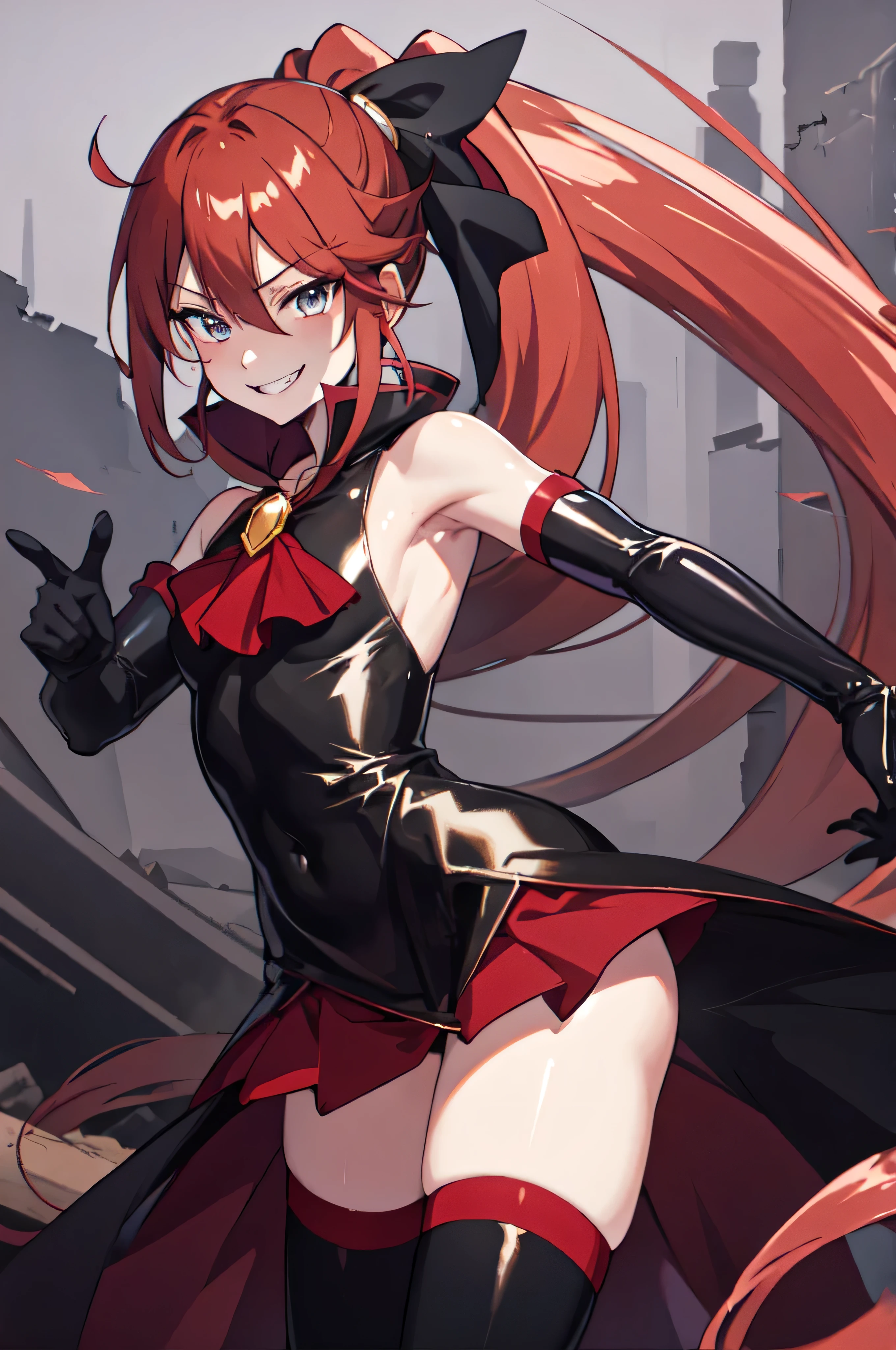 Highest quality, masterpiece, One Girl,Not beautiful, Red Ponytail, Long dress, brooch, Hair Ribbon, - Elbow hand pockets, Black knee socks, Standing on the rubble,  (Wicked Smile:1.1), ,,Dark shadowed face,Sadistic smile,Malice,Contempt,smile,latex,Bad face,,Red Skirt,two hands,Two legs,five fingers,evil background,elbow gloves,latex, Wicked Smile, devilish aura (Shiny fabric:1.5),Dark world background,solo,


