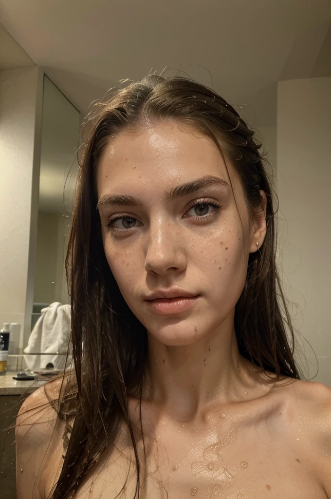 ((best quality)), ((masterpiece)), (detailed), very tall girl 200cm, all natural face, natural eyebrows, freckles, pimples and acne everywhere, bikini , in hotel room, big head, very skinny, scratches, not perfect skin, wet, wet hair, skin burn