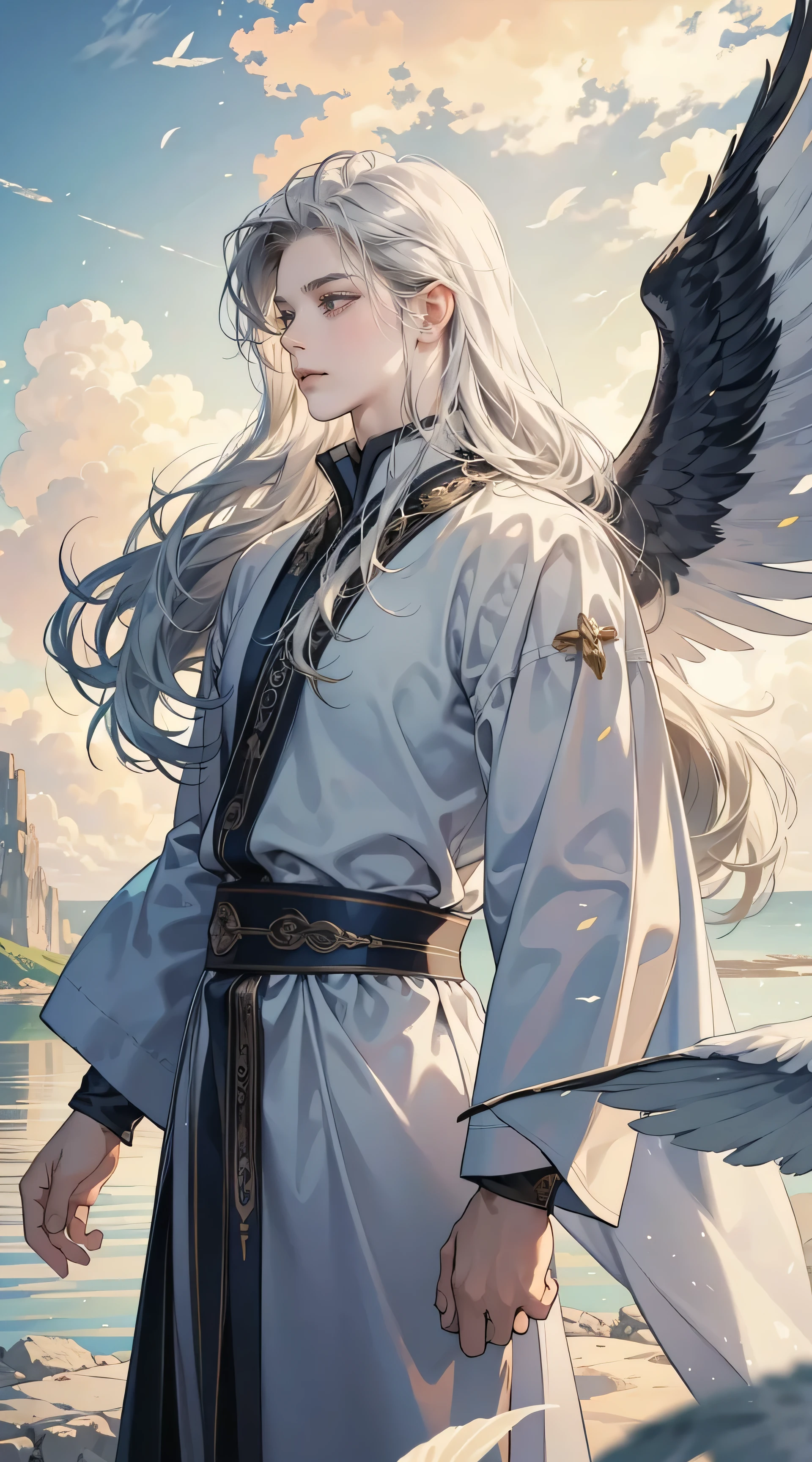 Mature Boy, Shining sunlight, 4K, masterpiece, high quality, 8k, high quality details, Soft and dull lighting, Suspended particles, Heaven Background, Paradise, White skin, Wavy silver hair, Flying Van, Side view, heaven style, cloud, Realistic, Flowing Hair, White , Soft blue eyes, Expressionless, 1 male, Androgynous, Person in robes, Six Wings, Winged, siren, Winged man, View your viewers, Cowboy Shot, Tall and muscular man, priest, Large feathered wings, Strips of cloth, 8k wallpaper, Side view, Great background、Look to the right