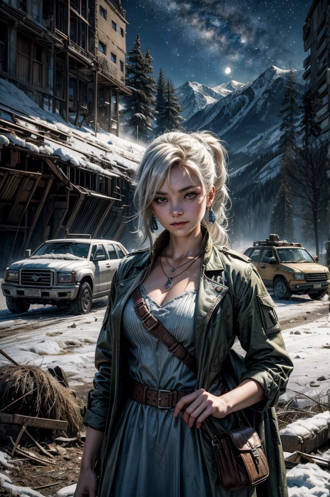 (masterpiece, best quality:1.2), cowboy shot, weissvale, smile, closed mouth,  looking at viewer, long white hair, side ponytail, scar above eye, scar below eye, blue dress,  jewelry, necklace, earrings, standing with army in city ruins on hill, overlooking valley, BREAK night, stars, moon, snow, BREAK mountains in background, waterfall, vehicle wreck, army searching with rifles, (army in military uniform), bonfires, post-apocalypse, dystopian future, 