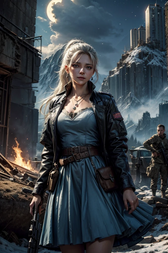 (masterpiece, best quality:1.2), cowboy shot, weissvale, smile, closed mouth,  looking at viewer, long white hair, side ponytail, scar above eye, scar below eye, blue dress,  jewelry, necklace, earrings, standing with army in city ruins on hill, overlooking valley, BREAK night, stars, moon, snow, BREAK mountains in background, waterfall, vehicle wreck, army searching with rifles, (army in military uniform), bonfires, post-apocalypse, dystopian future, 