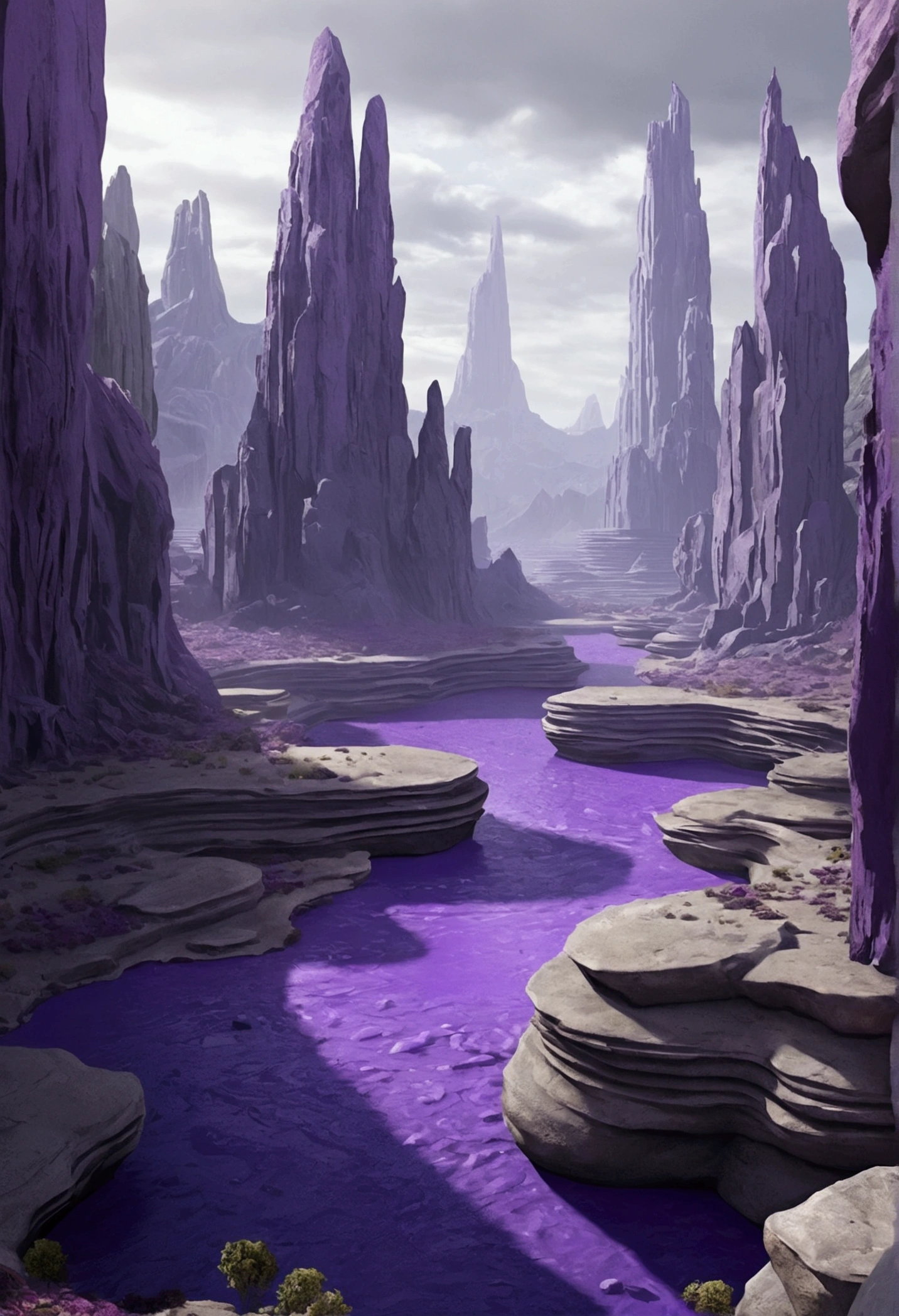 create a futuristic violet and grey world 100000 years, realist, canyons, small city