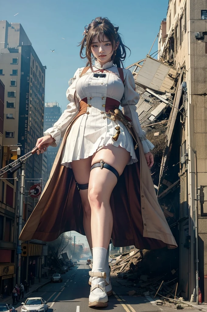 looking at the camera、steampunk、Standing on top of a ruined building、Big building explosion、The building collapses、Urban hustle and bustle、Traffic jam、City of Rubble、street tree、Car and bus、truck、taxi、City boulevard、Pedestrian bridge、Streetcar route((((Azur Lane Cheshire Cosplay))))、Frilled maid outfit、（(Super huge breasts)）、（(Plump thighs)）、Ground View，City of Giants,500 foot tall giant girl，skyscraper,Has super long legs,Step into the crowd，There are many people on the street,Knee-high socks，A happy look，Standing on the ruins，Beautiful appearance，Exquisite makeup，quality，8k，高quality，Perfect Proportions, Cinema Lighting，Film Grain，The Colors of Fuji，8k，Textured skin，Super Detail，High detail，high quality，High resolution，explode，False Smile、Reaching out