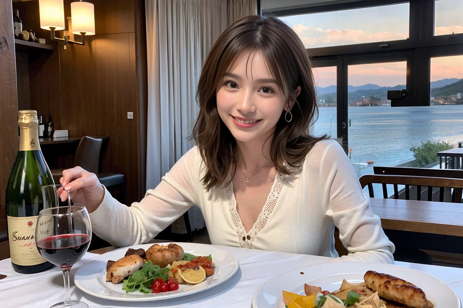 （Realistic:1.1）,(masterpiece,Highest quality)，8k,(44 years old), 42 years old, slimカップル、Model Couple、actress/actor、Tight waist,Upper Body,full-course dinner、wine 、Amazing view of the sunset sky and clouds、Perfect Anatomy, Brown Hair, short hair,Random Hairstyles,((Highly detailed face and eyes:1.2))(cute顔:1.4)，美しいactressの顔，Perfect golden ratio face，Long sleeve shirt、dress,(smile:1.2)、Shortcuts、cute、(Realistic, Intricate details:1.2), A bright smile、short hair,Bright Face、赤wine 、Appetizers、Italian food、wine bottle、Champagne、スパークリングwine、(slimな顔), (The body is slim), (Brown Hair), (Shortcuts),  Upper Body, 白wine, slim, wineグラス, 