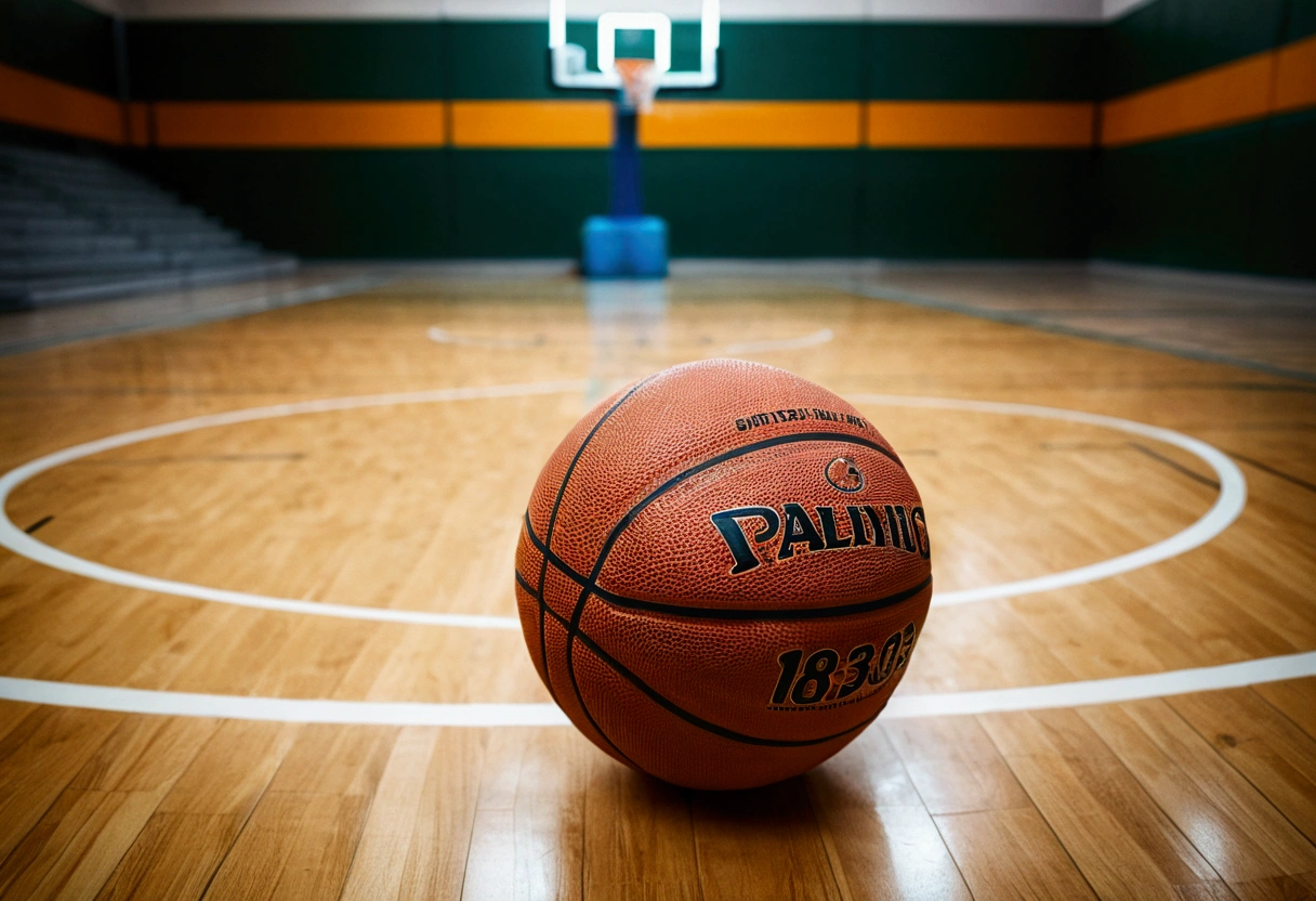 a picture of a basket ball on the floor, basketball court in the background like in a commercial, basketball court is out of focus