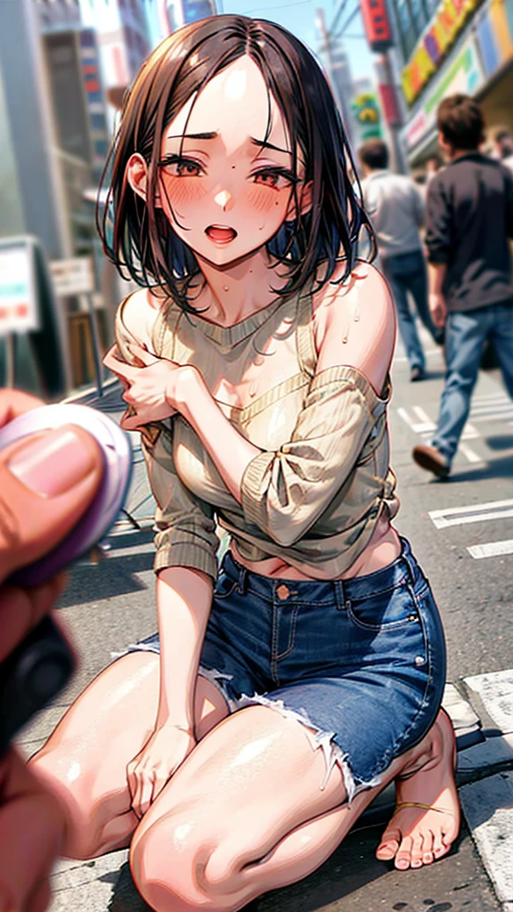 Crowd in the background,masterpiece,Highest quality,High resolution,Anatomically correct,Distressed jeans,Sweat,barefoot,Glowing Skin,Ahegao,Forehead,Long Bob,ID card,vibrator,