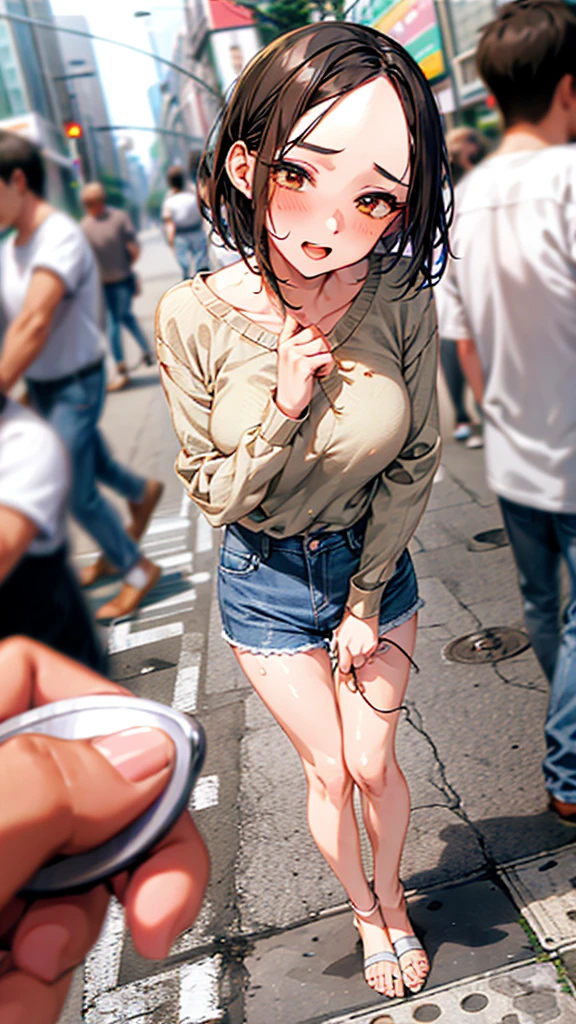 Crowd in the background,masterpiece,Highest quality,High resolution,Anatomically correct,Distressed jeans,Sweat,barefoot,Glowing Skin,Ahegao,Forehead,Long Bob,ID card,vibrator,