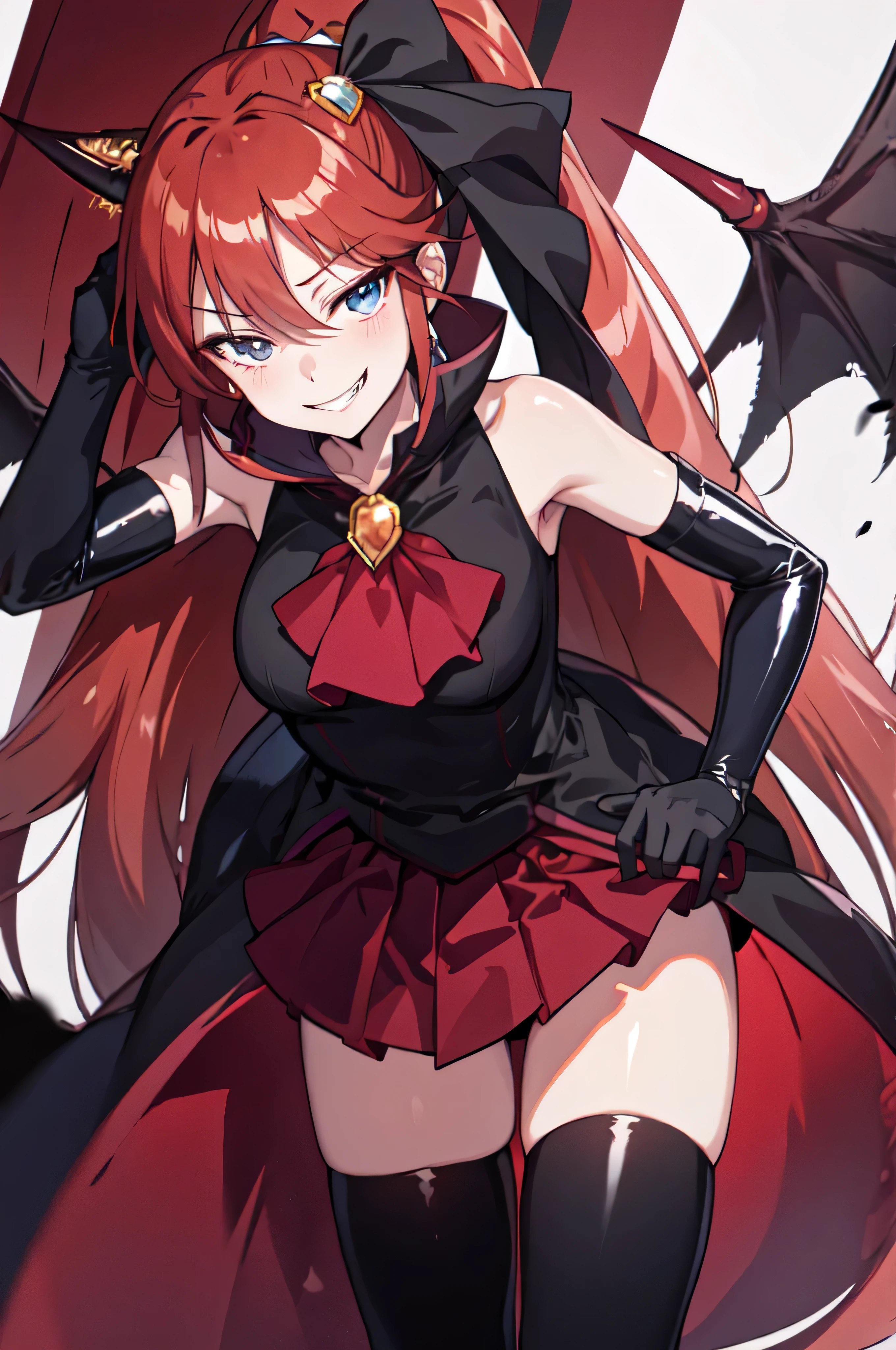 Highest quality, masterpiece, One Girl,Not beautiful, Red Ponytail, Long dress, brooch, Hair Ribbon, - Elbow hand pockets, Black knee socks, Standing on the rubble, (Wicked Smile:1.1), ,,Dark shadowed face,Sadistic smile,Malice,Contempt,smile,latex,Bad face,,Red Skirt,two hands,Two legs,five fingers,evil background,elbow gloves,latex, Wicked Smile, devilish aura (Shiny fabric:1.5),Dark world background,solo,