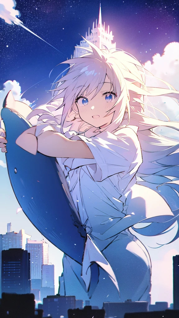 Seven-doppelganger shot,Anime style 4K,High quality anime art style,Standing painting,Splash ink background,Blue Themes、Pure white background,Buildings,Face close-up,Buildings,Moon and sun、Shining Star々,milky way,Bright Sky,Looking at me,Facing forward,Blue Background,Whale flying in the blue sky,Buildings,whale,Buildings,Tokyo,Meteors