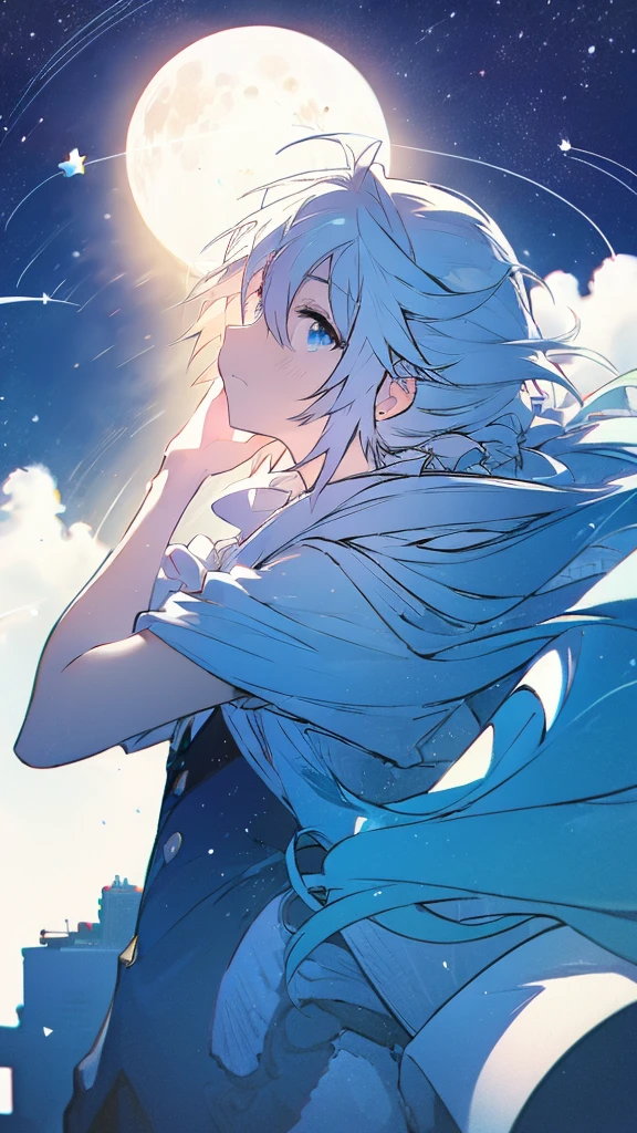 Seven-doppelganger shot,Anime style 4K,High quality anime art style,Standing painting,Splash ink background,Blue Themes、Pure white background,Buildings,Face close-up,Buildings,Moon and sun、Shining Star々,milky way,Bright Sky,Looking at me,Facing forward,Blue Background,Whale flying in the blue sky,Buildings,whale,Buildings,Tokyo,Meteors