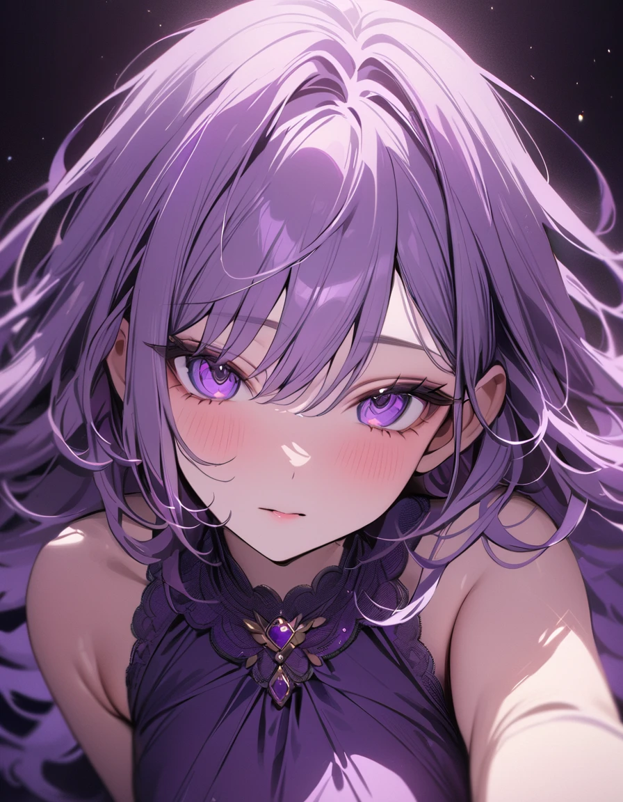 ((masterpiece, best quality)), newest, 1girl, solo, purple hair, straight hair, purple eyes, intricate eyes, purple dress, dark background, depth of field, lighting from above, exquisite, highly aesthetic, vibrant, 4k, close up