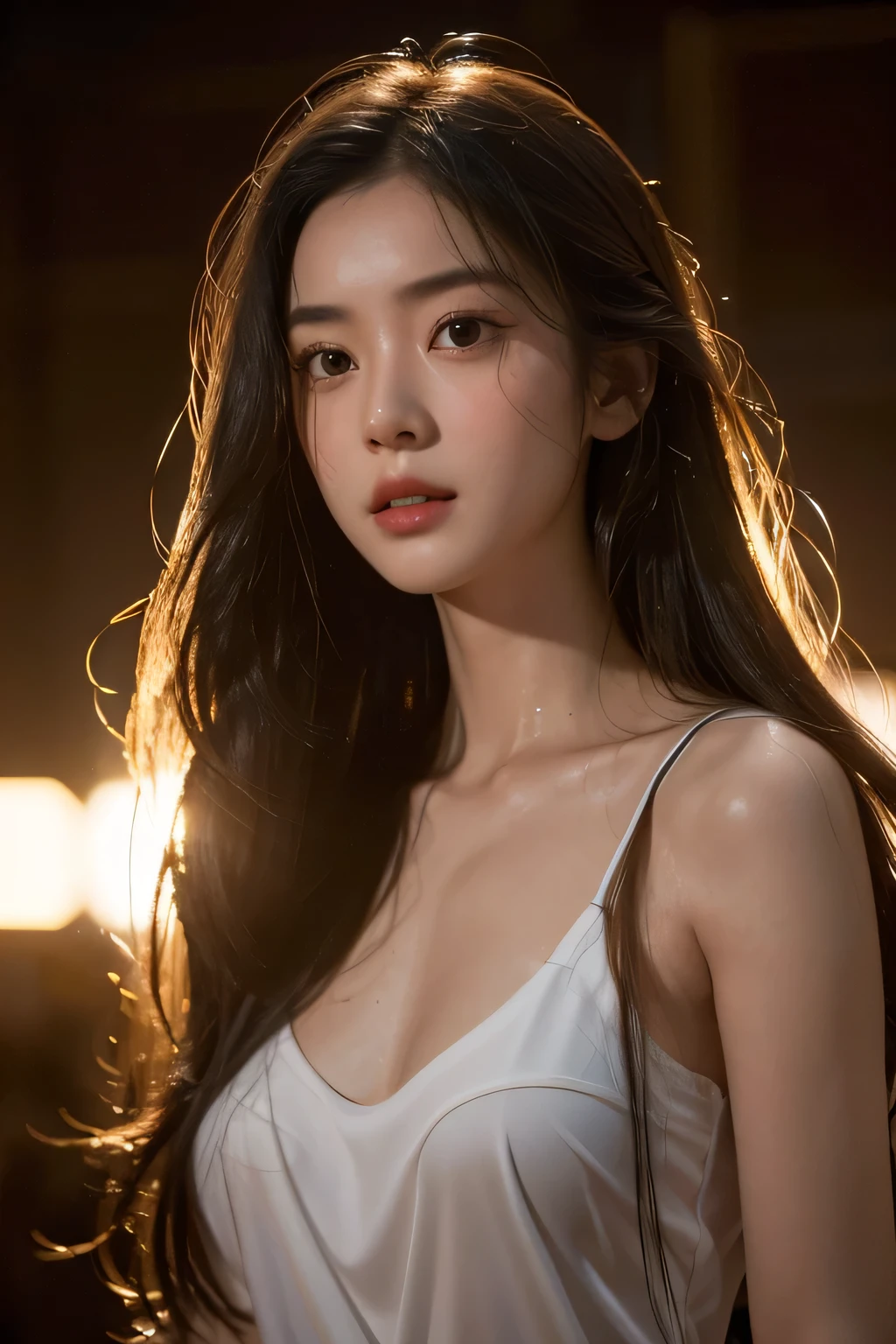Very detailed, Absurd (1.3) Masterpiece portrait of a girl with long hair, Dynamic angle with messy hair, Installed in world-class theatres with exceptional cinema lighting, lens flare, Dunhuang-style artistic conception, 8K resolution wallpaper quality, best quality, Wet body in the rainy night