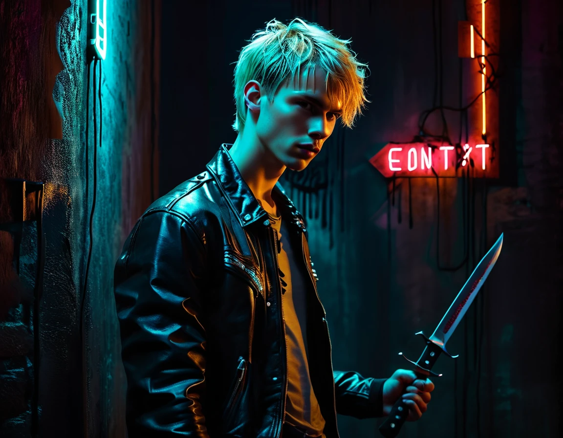 Photorealistic, dark vibes, solo, young man, forward facing, 22 years, pale skin, model (skinny:1.3), (short textured messy blond hair with fringe:1.5), (black leather jacket:1.3), holding knife, dark lighting, BDSM dungeon background, (1 solo neon sign that says:"CONTEXT":1.8)