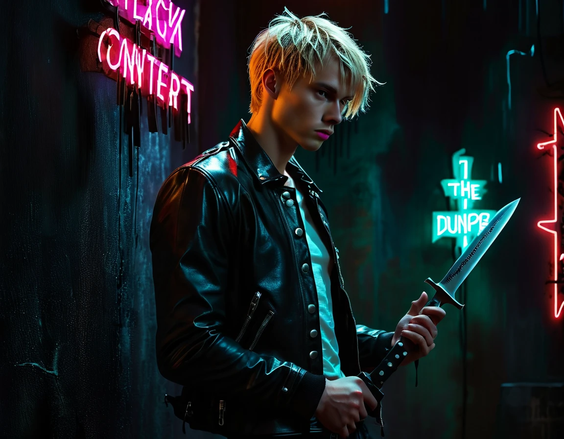 Photorealistic, dark vibes, solo, young man, forward facing, 22 years, pale skin, model (skinny:1.3), (short textured messy blond hair with fringe:1.5), (black leather jacket:1.3), holding knife, dark lighting, BDSM dungeon background, (1 solo neon sign that says:"CONTEXT":1.8)