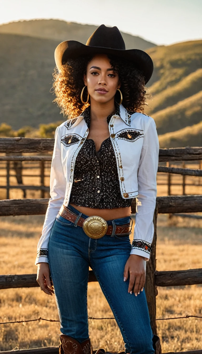 there is a black Brazilian woman that is standing next to a fence, cowgirl, western cowgirl, western clothing, gorgeous stella maeve magician, ashteroth, 🤠 using a 🖥, 🐎🍑, female cowgirl, photo shoot, beautiful stella maeve magician, cow-girl, with afro, photoshoot, shot at golden hour, by Lambert Doomer, cropped shirt with jacket