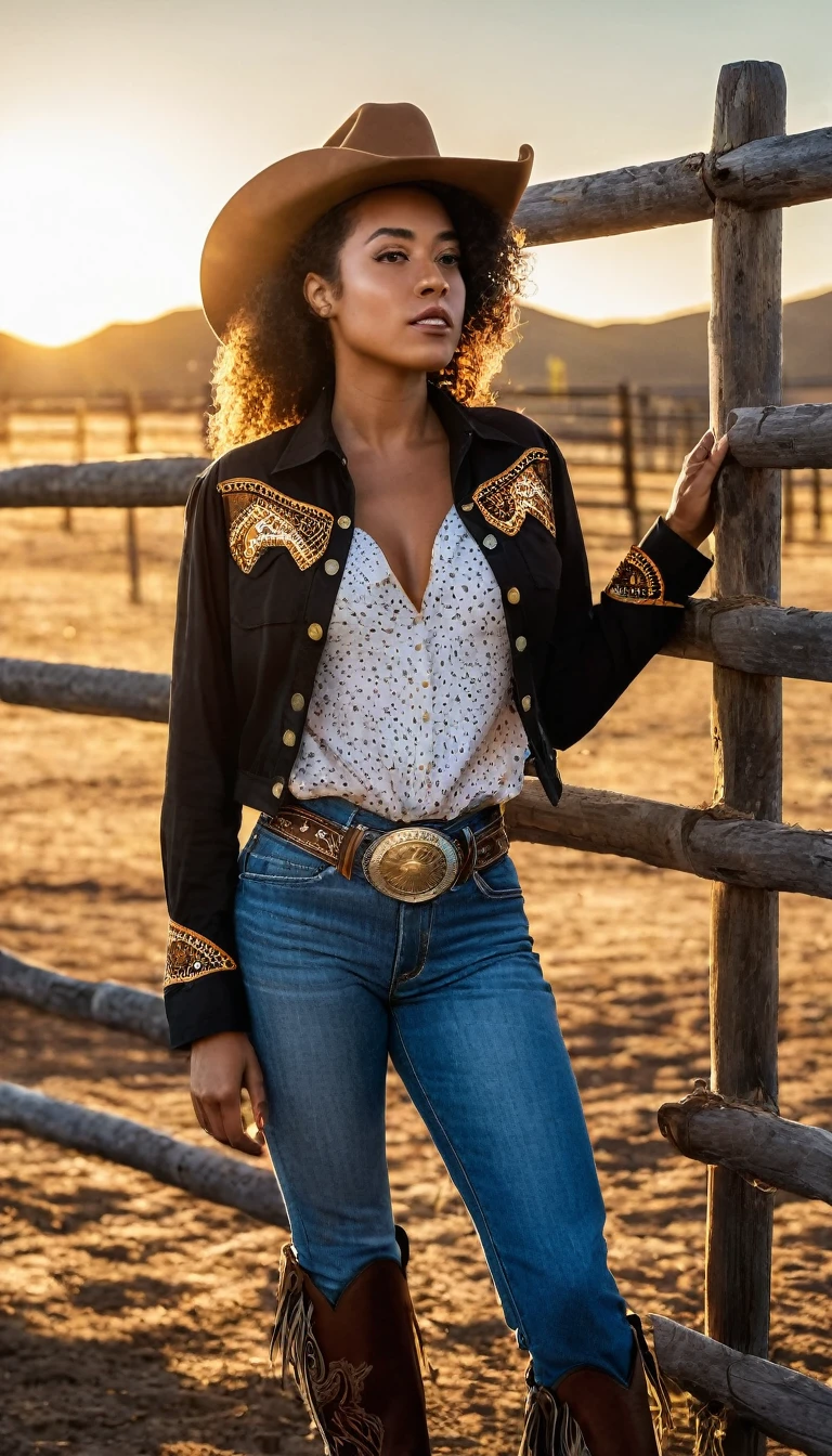 there is a black Brazilian woman that is standing next to a fence, cowgirl, western cowgirl, western clothing, gorgeous stella maeve magician, ashteroth, 🤠 using a 🖥, 🐎🍑, female cowgirl, photo shoot, beautiful stella maeve magician, cow-girl, with afro, photoshoot, shot at golden hour, by Lambert Doomer, cropped shirt with jacket