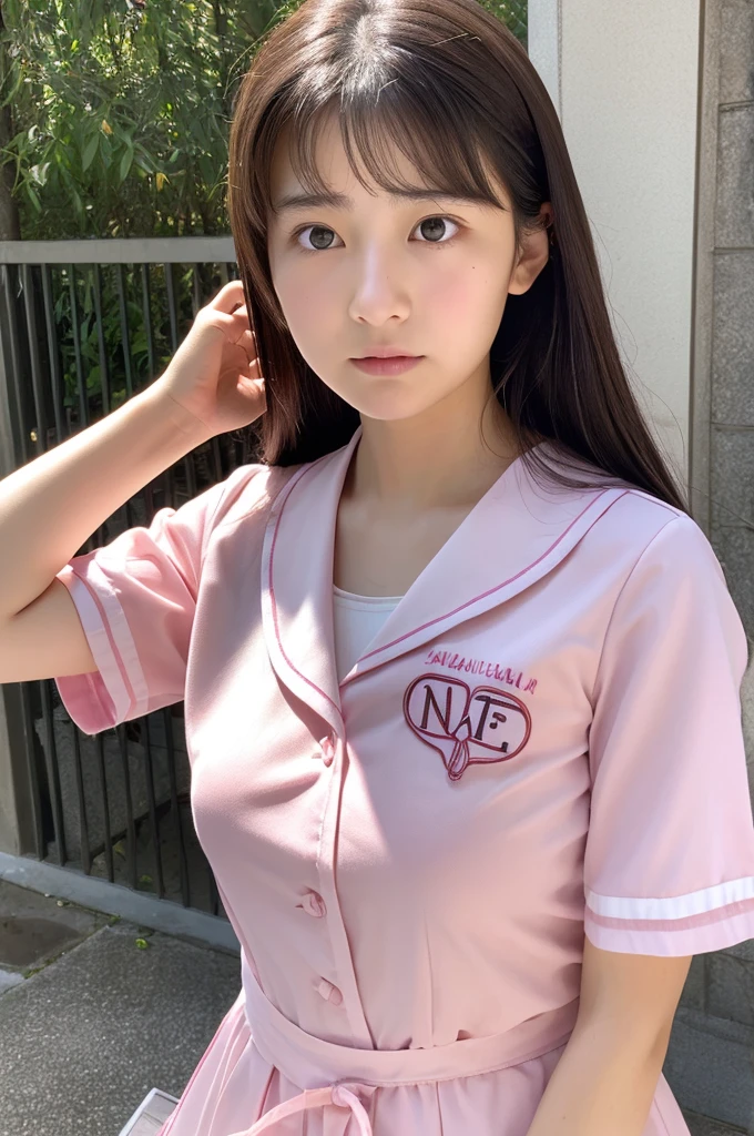 ((highest quality, masterpiece :1.3)), Photorealistic、Ultra-high resolution、Natural skin texture、Hyperrealism、Reflection from the waist up、Beautiful Japanese girl in her early teens、One girl、Larger breasts、Pink nurse uniform、Frightened expression、Tears flowing