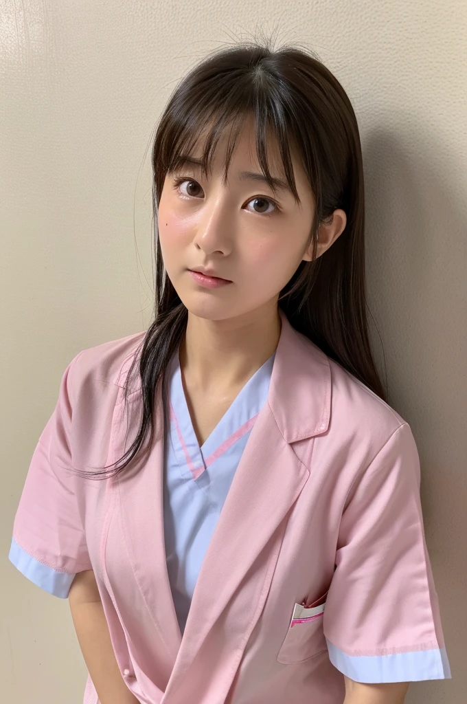 ((highest quality, masterpiece :1.3)), Photorealistic、Ultra-high resolution、Natural skin texture、Hyperrealism、Reflection from the waist up、Beautiful Japanese girl in her early teens、One girl、Larger breasts、Pink nurse uniform、Frightened expression、Tears flowing