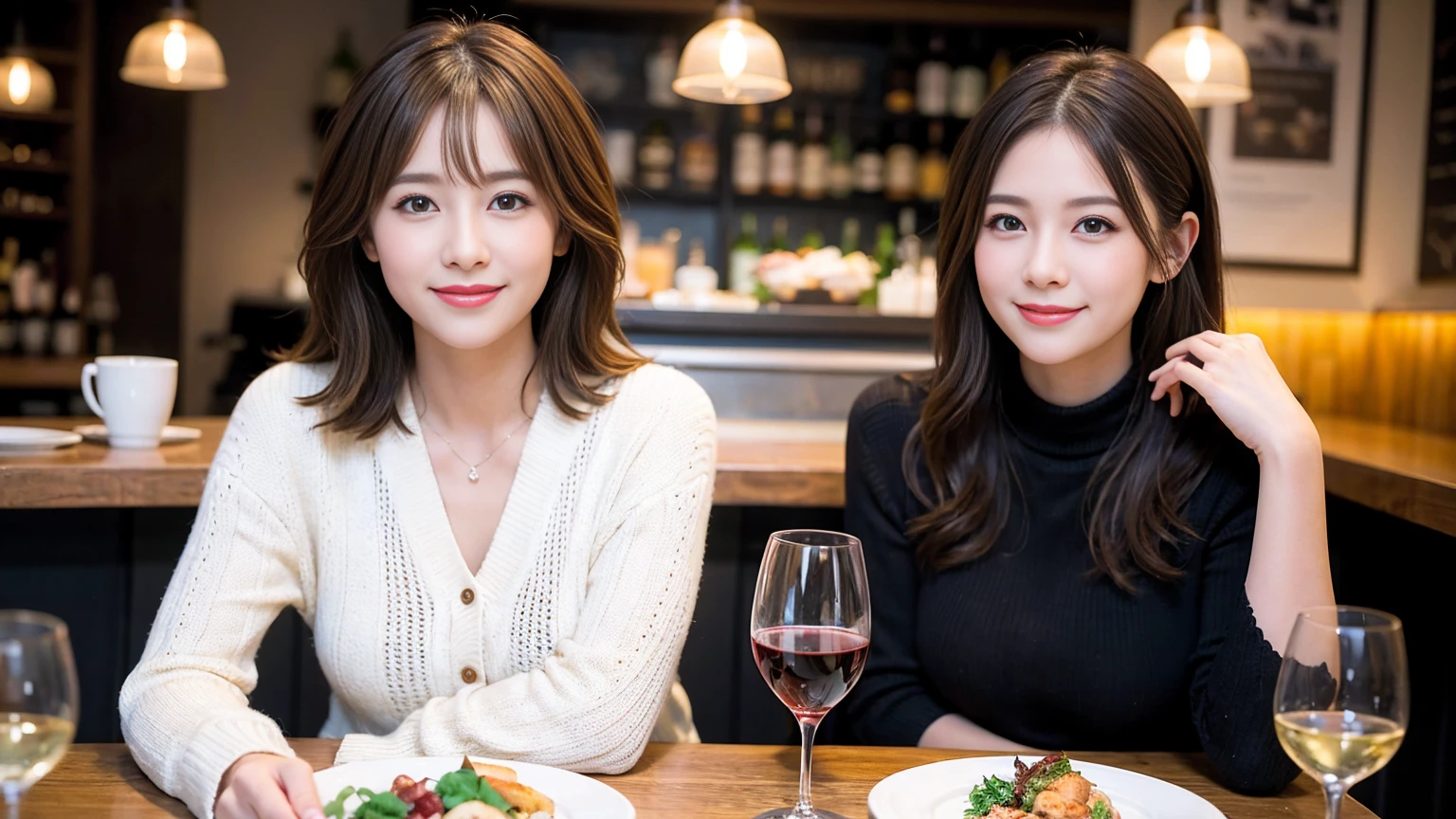 ((Highest quality、8k、masterpiece:1.3))、slimカップル、modelカップル、(Realistic, Intricate details:1.2), full-course dinner、Wine Party、Amazing view of the sunset sky and clouds、A bright smile、The wonderfulness of smile、Bright image、The beauty of wine, Beautiful Face, blue eyes, The light shines on your face, blush, short hair,Bright Face、 (Age 37), 39 years old, red wine 、Appetizers、Italian food、Wine bottle、Champagne、sparkling wine、Two beauties、Brown Hair、Shortcuts、Long sleeve shirt、dress、Beautiful woman 1, (slimな顔), (The body is slim), (Brown Hair), (Shortcuts), cheeks turn a little red,Attractive beauty、restaurant, In a prominent place (From the waist up) Nova Frog Style, actress, model, Upper Body, White wine, slim, wine glass, 中央に置かれたwine glass, smile, (smile: 1.15), Beautiful fine grain, Depth f/2,saturation, High Contrast, Strong light and shadow,Moist Body:1.5、3D texture、Delicate eyes、Brown Hair、The hair is very shiny、