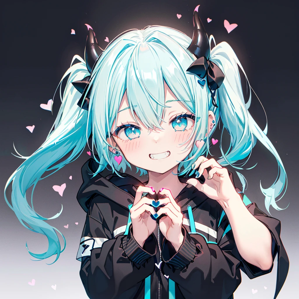 ((((jagged、Open your mouth、Grin　background、Shining Heart　Making a Heart　front))))　(((Black hoodie、Wearing a hood　Devil horns　Twin tails、Neon Blue　Neon Blueの目)))　((Shiny Earrings　Small black ribbon))　Shining Edges　輝くbackground