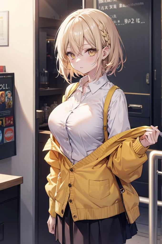 Anime, short ash-colored hair, white skin, Wear a skirt,Passtel yellow cardigan, light yellow eyes, big breasts, Hair behind the ear