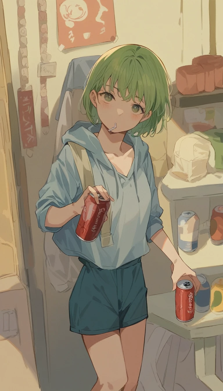 Anime girl with green hair and blue shirt holding a can of soda, Anime girl drinking energy drink, commend girl, soda themed girl, Anime style 4 k, commend artstyle, commend, Anime Aesthetics, Anime style. 8K, in an Anime style, commend feel, Anime style illustration, commend art, Cute girl anime visual
