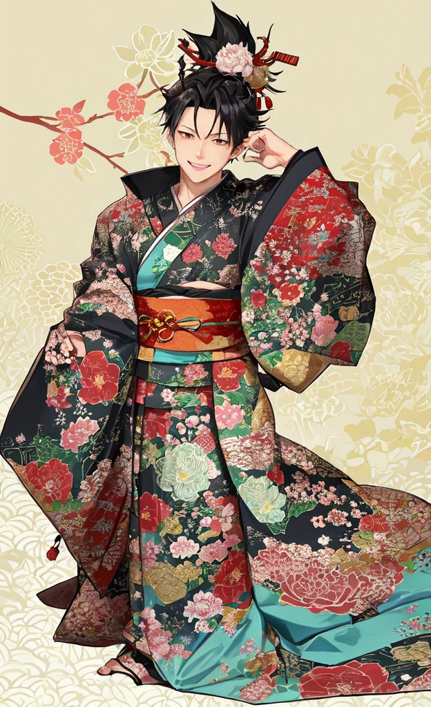 Kuroo from haikyuu, Movie light, fashion, top light, close-up, close-up, spotlight, hazy ,kuroo Kotaro from haikyuu,Strong and masculine body with gorgeous clothing japen, Kuroo from Haikyuu smiled happily. Turning around, the others saw the pattern of the kimono he had received. Kimono with peony and fan pattern And he wore ornaments on his head like an oiran.