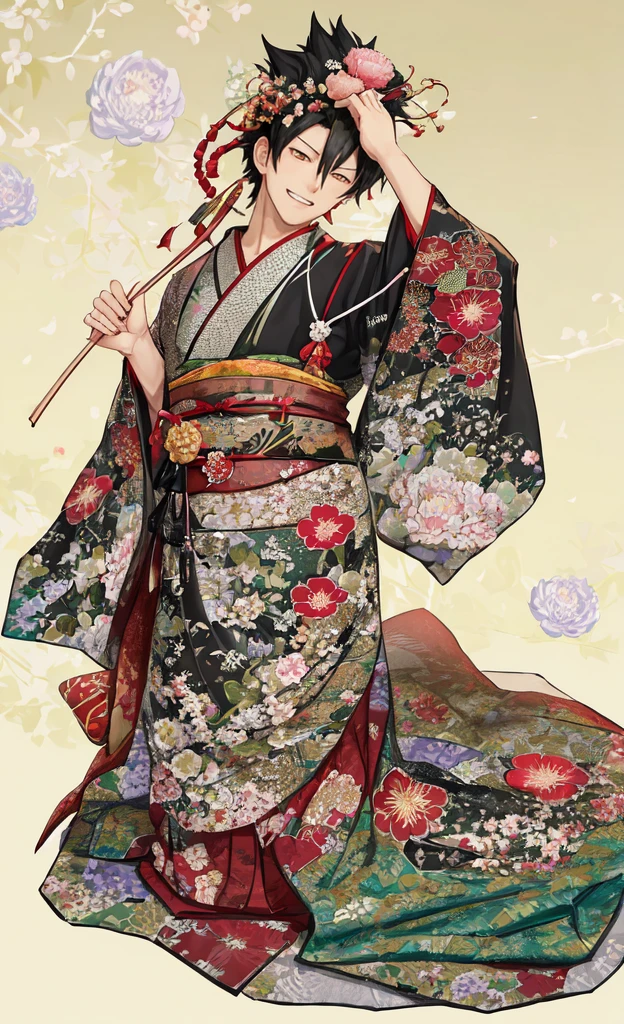 Kuroo from haikyuu, Movie light, fashion, top light, close-up, close-up, spotlight, hazy ,kuroo Kotaro from haikyuu,Strong and masculine body with gorgeous clothing japen, Kuroo from Haikyuu smiled happily. Turning around, the others saw the pattern of the kimono he had received.  Kimono with peony and fan pattern  And he wore ornaments on his head like an oiran.