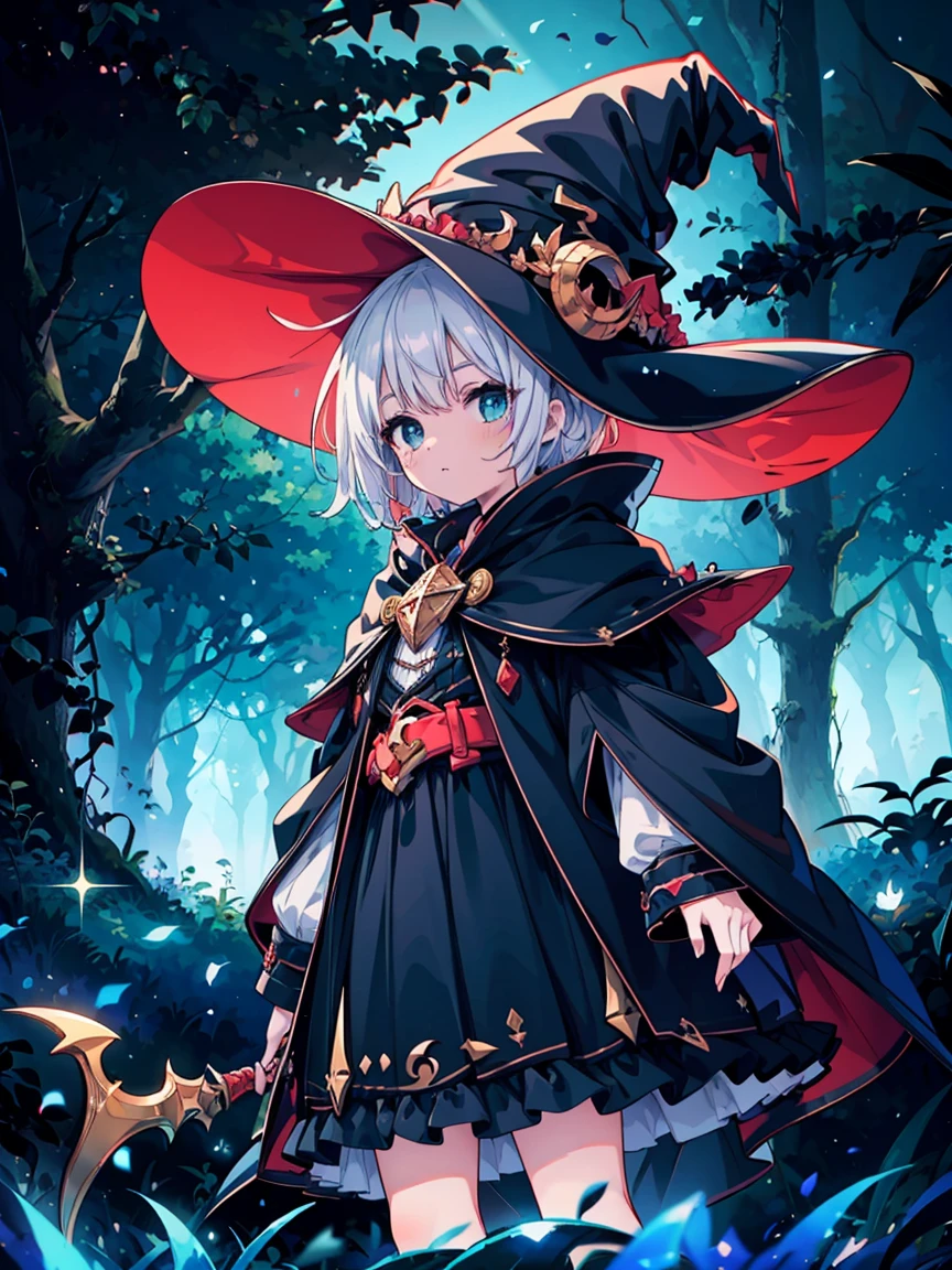 (masterpiece), Highest quality, Very detailed, A Magus girl with white hair holdding a magical Sickle, Witch Hat, Giant horns, Frilled short skirt, Red and black outfit, Sickle, Magic Light, The background is a dark forest
