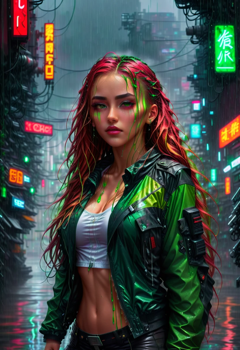 Illustrate a stunning cyberpunk scene featuring a girl with long messy hair, and mechanical arms, wearing a rugged jacket. Depict her standing in the rain, surrounded by neon red and green lights, with water dripping from her hair and body, exuding a fierce and futuristic vibe