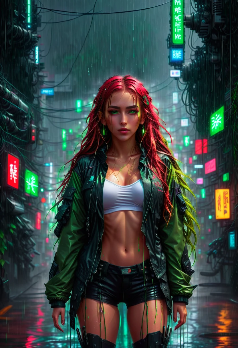 Illustrate a stunning cyberpunk scene featuring a girl with long messy hair, and mechanical arms, wearing a rugged jacket. Depict her standing in the rain, surrounded by neon red and green lights, with water dripping from her hair and body, exuding a fierce and futuristic vibe