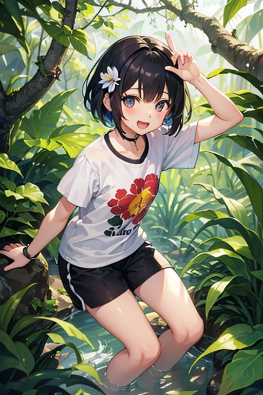 Highest quality、Black Hair、Iris、short hair、girl、cute、16 years old、、Small hair ornament、1 person、Shorts、Jungle exploration、A happy look、Full of energy、