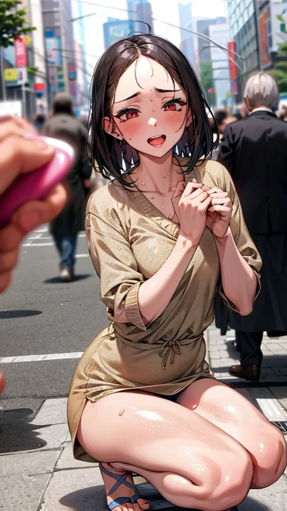 Crowd in the background,masterpiece,Highest quality,High resolution,Anatomically correct,Sweat,barefoot,Glowing Skin,Ahegao,Forehead,Long Bob,ID card,vibrator,