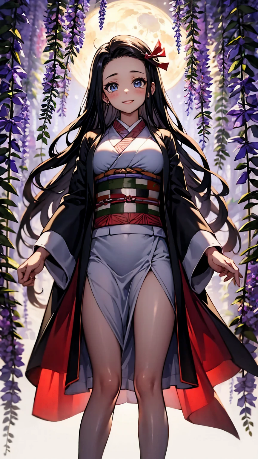 (Highest quality),(masterpiece), 8k,Very detailed, Detailed light, Best Shadow,Detailed reflective eyes, Beautiful Eyes, Very detailedな顔,Shiny Hair,sexy,Big Breasts,Charm,One person,Gloss,nezuko,Demon slayer,kimono,Black Hair,full moon,Wisteria flower,Fantasy,Charm,smile,tears,looking at the camera,front,Bamboo,Standing posture,