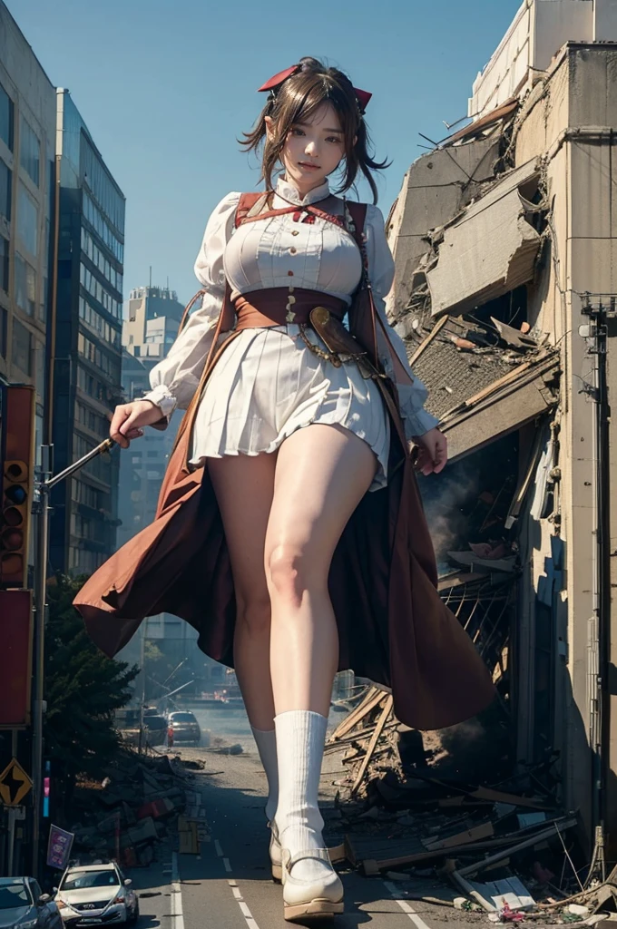 looking at the camera、steampunk、Standing on top of a ruined building、Big building explosion、The building collapses、Urban hustle and bustle、Traffic jam、City of Rubble、street tree、Car and bus、truck、taxi、City boulevard、Pedestrian bridge、Streetcar route((((Azur Lane Cheshire Cosplay))))、Frilled maid outfit、（(Super huge breasts)）、（(Plump thighs)）、Ground View，City of Giants,500 foot tall giant girl，skyscraper,Has super long legs,Step into the crowd，There are many people on the street,Knee-high socks，A happy look，Standing on the ruins，Beautiful appearance，Exquisite makeup，quality，8k，高quality，Perfect Proportions, Cinema Lighting，Film Grain，The Colors of Fuji，8k，Textured skin，Super Detail，High detail，high quality，High resolution，explode，False Smile、Reaching out