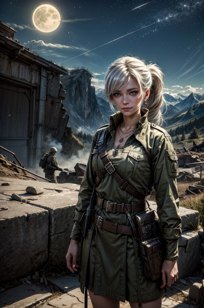 (masterpiece, best quality:1.2), cowboy shot, weissvale, smile, closed mouth, looking at viewer, long white hair, side ponytail, scar above eye, scar below eye, army dress, jewelry, necklace, earrings, standing with army in city ruins on hill, overlooking valley, BREAK night, stars, moon, snow, BREAK mountains in background, waterfall, vehicle wreck, army searching with rifles, (army in military uniform), bonfires, post-apocalypse, dystopian future,