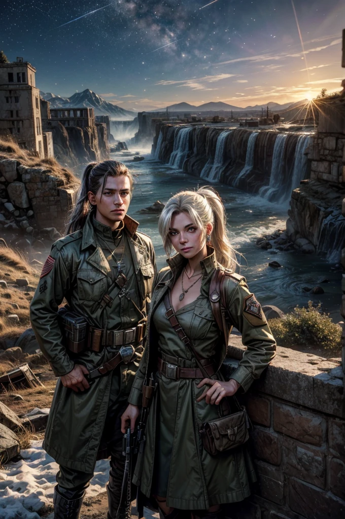 (masterpiece, best quality:1.2), cowboy shot, weissvale, smile, closed mouth, looking at viewer, long white hair, side ponytail, scar above eye, scar below eye, army dress, jewelry, necklace, earrings, standing with army in city ruins on hill, overlooking valley, BREAK night, stars, moon, snow, BREAK mountains in background, waterfall, vehicle wreck, army searching with rifles, (army in military uniform), bonfires, post-apocalypse, dystopian future,