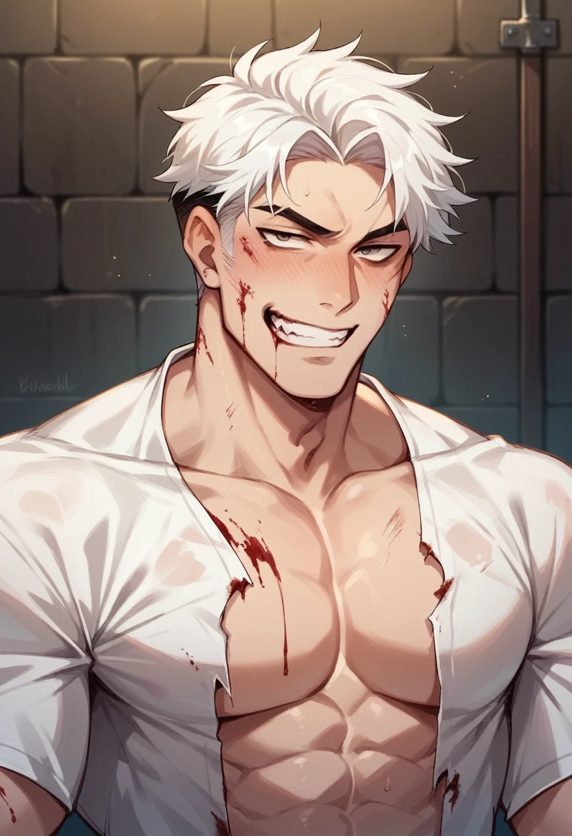 A handsome man with white hair trapped in a dungeon, bloody, Unclothed, totally naked, with a naughty face, and talking, you are not going to stop me!