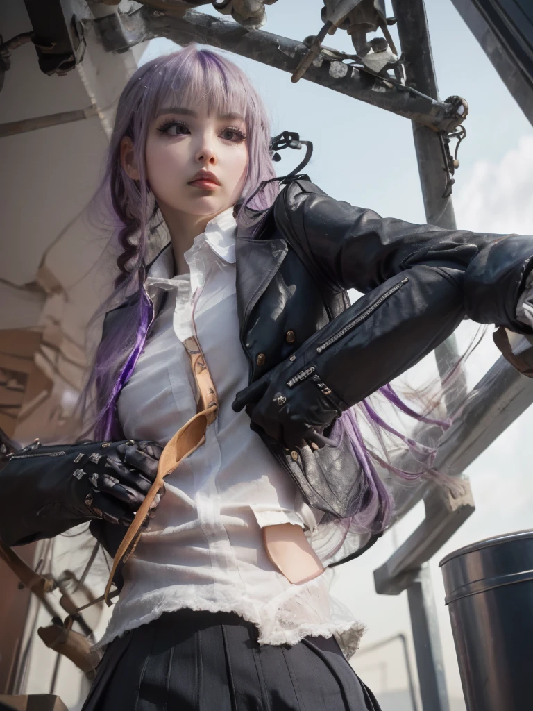 photo Realistic, masutepiece, Realistic, High contrast, hyper Detailed, Best Quality, 超A high resolution, photo Realistic, High resolution, Detailed, Raw photo, Kyoko Kirigiri, Long hair, Purple hair, Side braid, Blunt bangs, Hair Ribbon, a black ribbon, High collar, Brown tie, Black Motorcycle Jacket, Long sleeves, Black Gloves, Black mini skirt, Pleated skirt,(( Black long boots)), (((Full Shot))), Danganronpa \(Series\), Street, Full Shot, Looking at Viewer, White shirt, Woman, (((From below))), Busy city, foreshortening, (Pose Seductive), Looking at Viewer, mad, (eyecontact), japanaese girl,