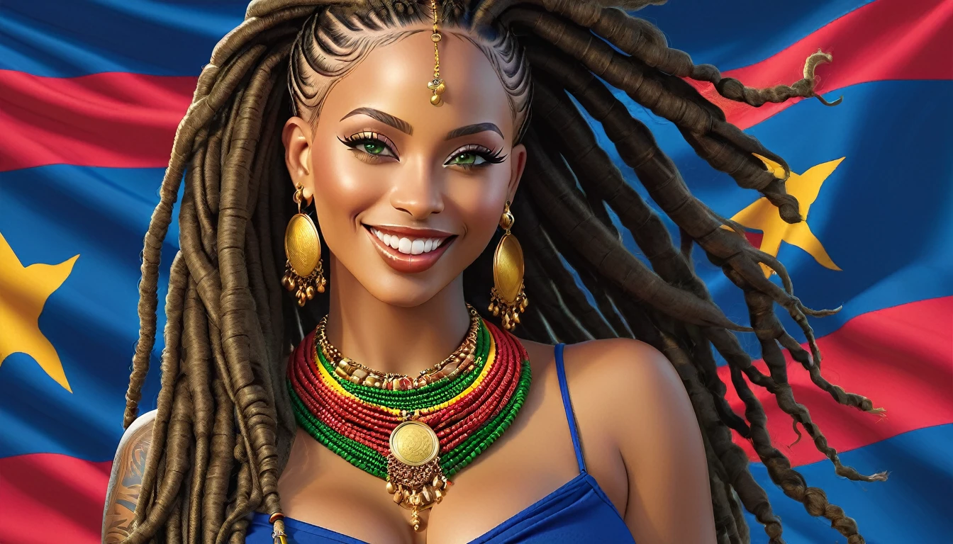 ((best qualityer)), ((8k)), Singer Tyla, with dreadlocks, beautiful and sensual, wonderful, powerful, goddess of beauty, coupe with detailed curves, nipple piercing, piercing no nariz, greeneyes, Sympathy, wearing low-cut African clothes, with pure gold earrings and necklace, best smile in the world, bluish background with the colors of the flag of the Cape Verde Islands, very well detailed, a true masterpiece, seamless.