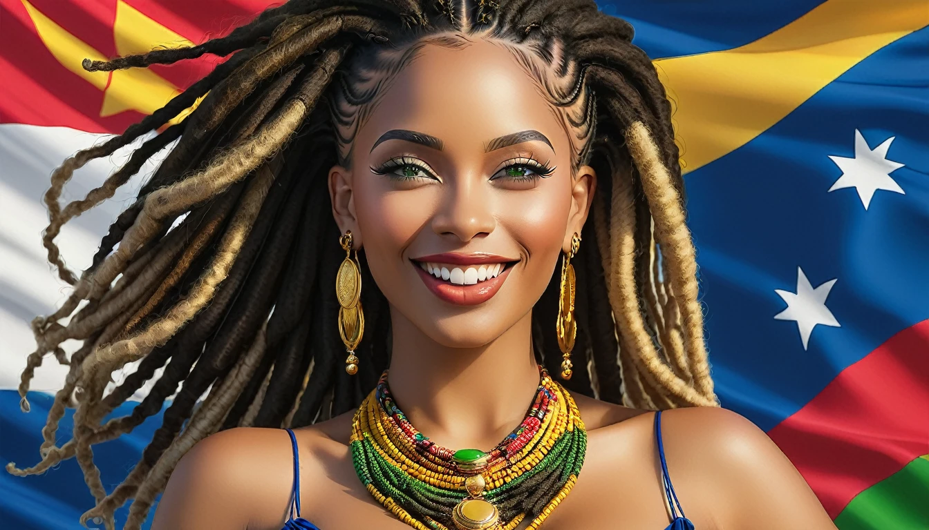 ((best qualityer)), ((8k)), Singer Tyla, with dreadlocks, beautiful and sensual, wonderful, powerful, goddess of beauty, coupe with detailed curves, nipple piercing, piercing no nariz, greeneyes, Sympathy, wearing low-cut African clothes, with pure gold earrings and necklace, best smile in the world, bluish background with the colors of the flag of the Cape Verde Islands, very well detailed, a true masterpiece, seamless.
