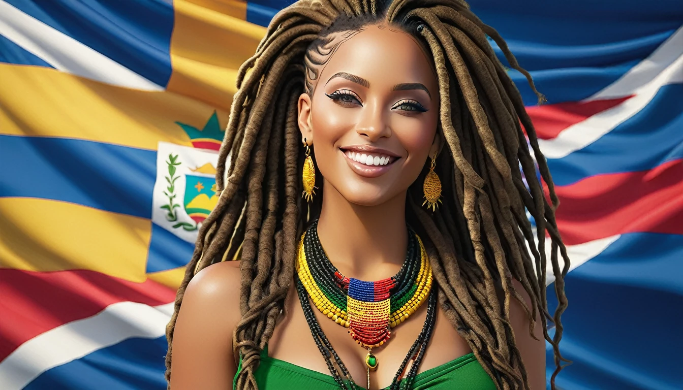 ((best qualityer)), ((8k)), Singer Tyla, with dreadlocks, beautiful and sensual, wonderful, powerful, goddess of beauty, coupe with detailed curves, nipple piercing, piercing no nariz, greeneyes, Sympathy, wearing low-cut African clothes, with pure gold earrings and necklace, best smile in the world, bluish background with the colors of the flag of the Cape Verde Islands, very well detailed, a true masterpiece, seamless.
