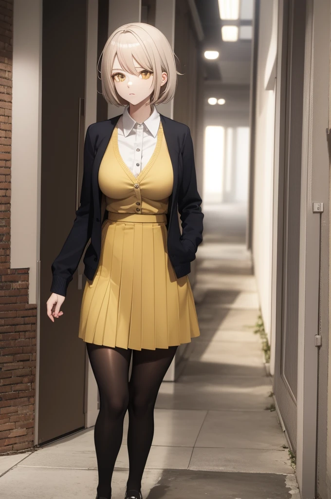 Anime, short ash-colored hair, white skin, Wear a skirt,Passtel yellow cardigan, light yellow eyes, big breasts, Hair behind the ear