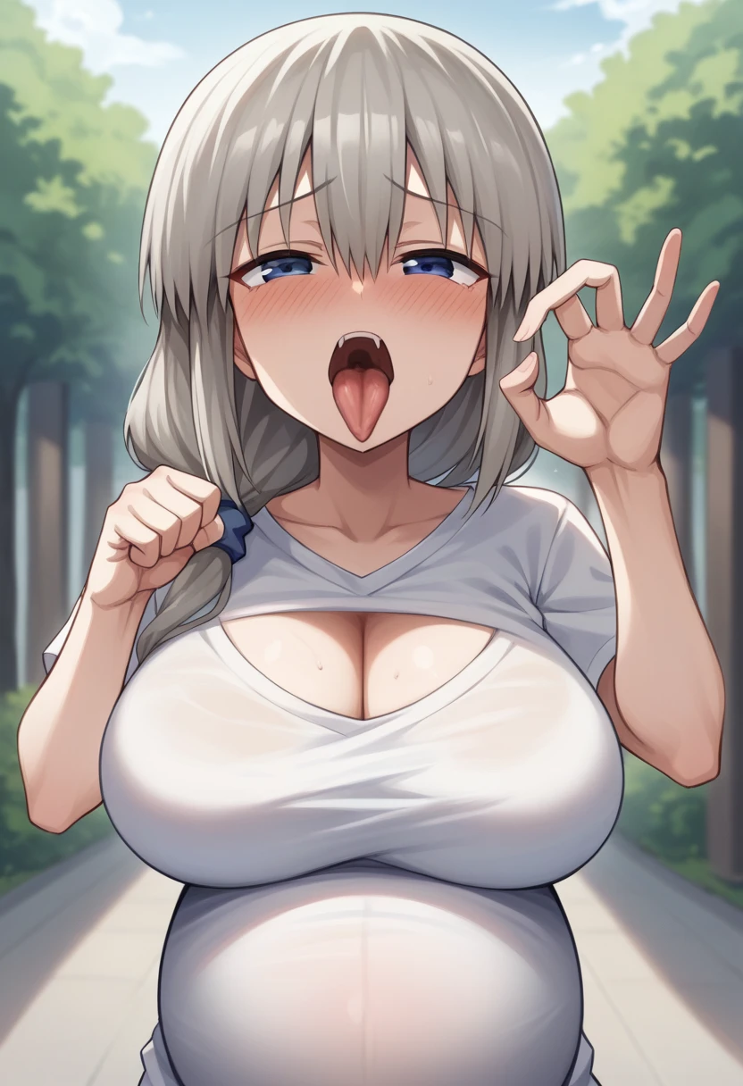 masterpiece,Highest quality,anime,Blowjobgesture,Blowjob_gesture,One girl,blush,Open_moutsideh,tongue_outside,White sweater,Large Breasts, Clenched fist,srimk、blush、tongueを出す、Huge breasts、Uzaki_Tsuki、Gray Hair、One low braid、Cleavage、White T-shirt(tight)