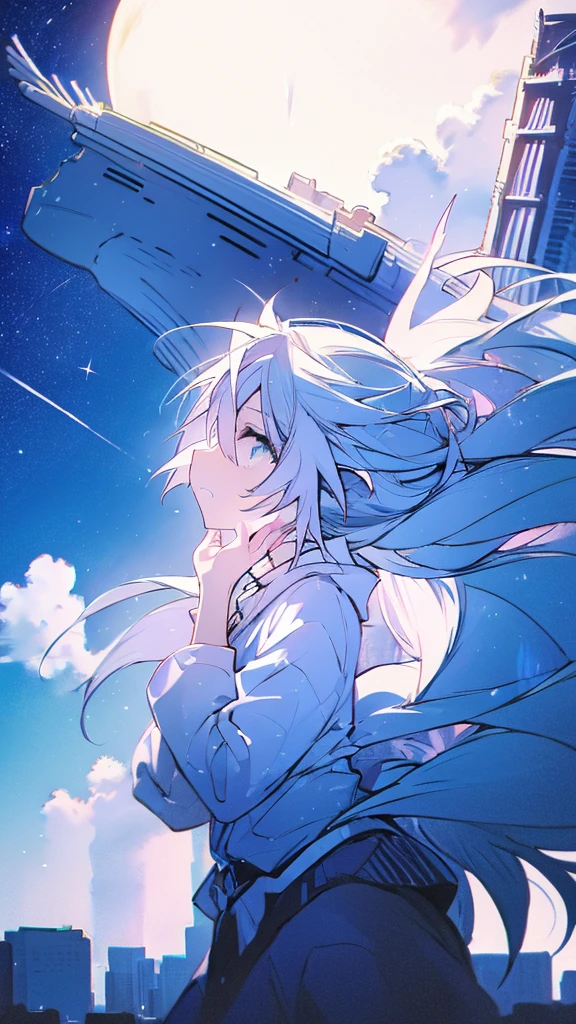 Seven-doppelganger shot,Anime style 4K,High quality anime art style,Standing painting,Splash ink background,Blue Themes、Pure white background,Buildings,Face close-up,Buildings,Moon and sun、Shining Star々,milky way,Bright Sky,Looking at me,Facing forward,Blue Background,Whale flying in the blue sky,Buildings,whale,Buildings,Tokyo,Meteors,There are no people,no human,unmanned,Background only