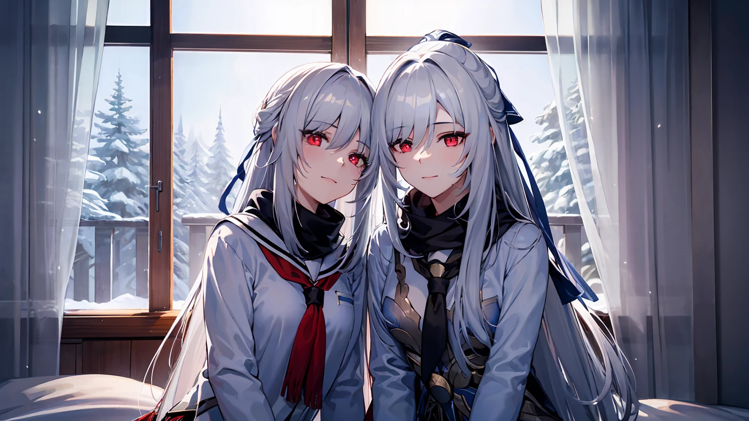 masterpiece, best quality, JingliuV5, 2girls, white hair, long hair, red eyes, white dress, white sailor collar, white scarf, sitting on bed, indoors, bedroom, windows, blue sky, winter, snow, warm smile, upper body. closed mouth,