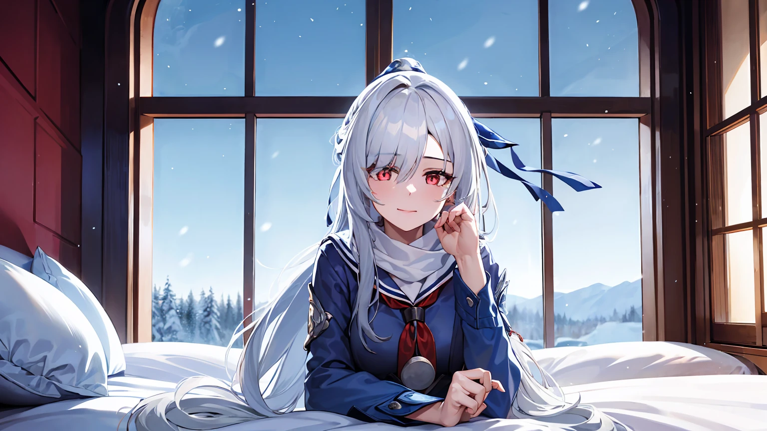 masterpiece, best quality, JingliuV5, 2girls, white hair, long hair, red eyes, white dress, white sailor collar, white scarf, sitting on bed, indoors, bedroom, windows, blue sky, winter, snow, warm smile, upper body. closed mouth,