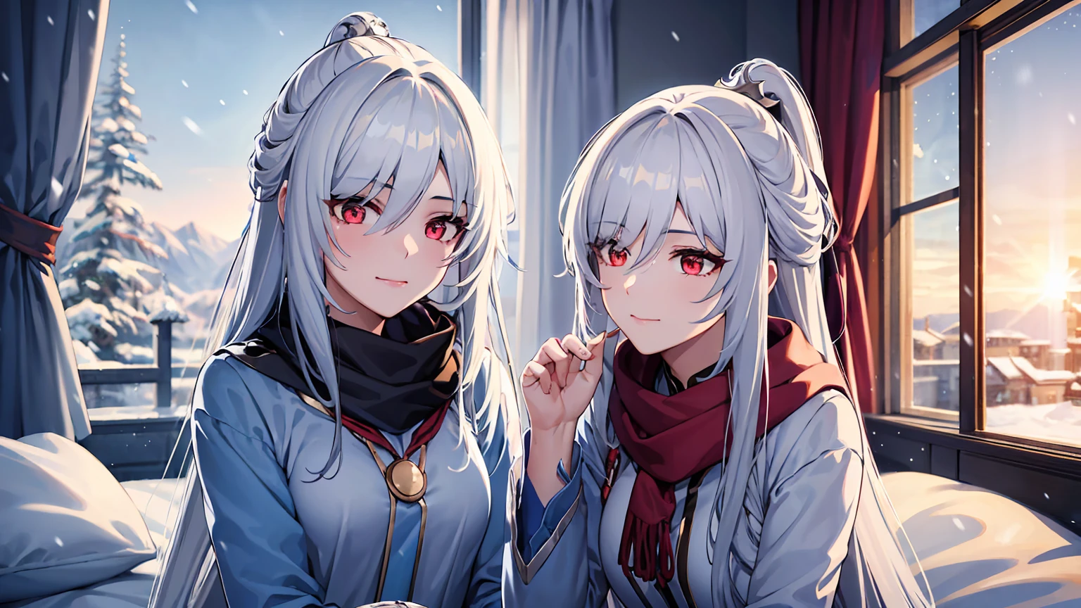 masterpiece, best quality, JingliuV5, 2girls, white hair, long hair, red eyes, white dress, white sailor collar, white scarf, sitting on bed, indoors, bedroom, windows, blue sky, winter, snow, warm smile, upper body. closed mouth,